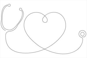 contínuo 1 linha arte desenhando do estetoscópio com amor forma esboço vetor