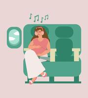uma jovem grávida mulher senta dentro uma assento em a avião, sorrisos, escuta para música em fones de ouvido sozinho e parece Fora a janela. relaxamento, meditação, maternidade deixar, maternidade, a expectante mãe vetor