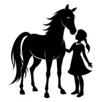 uma criança ficar de pé com uma cavalo plano silhueta vetor