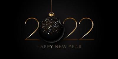 banner dourado e preto de feliz ano novo com bugiganga pendurada vetor