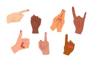 diversidade mão gestos plano definir. sinais, expressões com apontando dedos, Está bem símbolo, Rezar Palmeiras. rabisco ilustrações isolado vetor