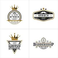 conjunto de estilo vintage retrô para design de logotipo de barbearia. com ícones de coroa, bigode e tesoura nas cores ouro, preto e branco. modelo de logotipo premium e luxo vetor