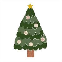 árvore de Natal com brinquedos e estrela isolada no fundo branco. árvore de Natal verde com bolas em um estilo simples. ilustração vetorial. vetor