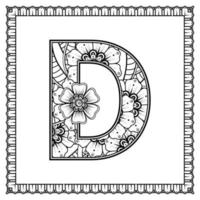 letra d feita de flores no estilo mehndi. página do livro para colorir. delinear ilustração vetorial de desenho à mão. vetor