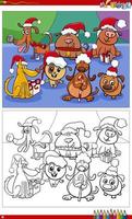 personagens de desenhos animados de cães com presentes de Natal para colorir a página do livro vetor