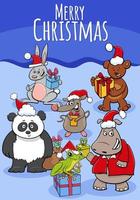 ilustração de cartão comemorativo com animais de desenho animado na época do Natal vetor