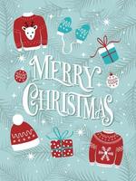 Feliz Natal letras de mão Cadastre-se em fundo azul claro com ícones de férias e estrelas. ilustração colorida festiva do vetor