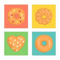 conjunto de vetores de donuts coloridos. rosquinhas coloridas sobre fundo azul, verde, amarelo e rosa. ilustração brilhante e alegre em blocos coloridos