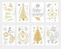 Conjunto de cartões de feliz Natal. mão desenhada coleções de ano novo. projeto de inverno doodle elementos na cor ouro e prata. vetor