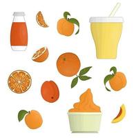 ilustração vetorial de iogurte e frutas. conjunto de iogurte bebível e congelado. produtos lácteos orgânicos frescos com laranja e damasco. vetor