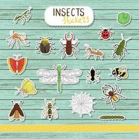 conjunto de vetores de adesivos coloridos de insetos sobre fundo azul de madeira. coleção de abelha, abelha, inseto, mosca, mariposa, borboleta, lagarta, aranha, joaninha, solo, veado, batata, besouro rinoceronte