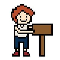 fofa pixel desenho animado personagem homem aguarde de madeira placa madeira borda decoração 8 mordeu masculino com em branco espaço placa de madeira pixel jogo. vetor