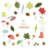 conjunto de vetores de elementos coloridos de outono. queda ilustração de folhas isoladas, guarda-chuva, chuva, cogumelo, botas de borracha, noz, bolota, nuvem. estilo cartoon