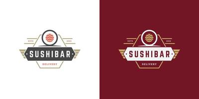 Sushi logotipo e crachá japonês Comida restaurante com Sushi salmão lista ásia cozinha silhueta ilustração vetor