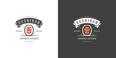 Sushi logotipo e crachá japonês Comida restaurante com Sushi salmão lista ásia cozinha silhueta ilustração vetor