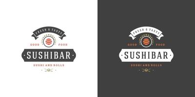 Sushi logotipo e crachá japonês Comida restaurante com Sushi salmão lista ásia cozinha silhueta ilustração vetor