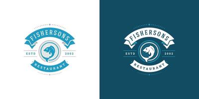 frutos do mar logotipo ou placa ilustração peixe mercado e restaurante emblema modelo Projeto peixe com leme silhueta vetor