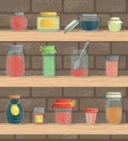 conjunto de vetores de potes de geléia coloridos nas prateleiras com fundo de tijolo. coleção vintage com vasos coloridos isolados. efeito aquarela.