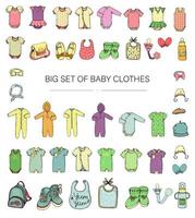 ilustração em vetor de roupas de bebê. conjunto de roupas de bebê e menina. conjunto de moda infantil. roupas e acessórios elegantes para crianças isoladas no fundo branco