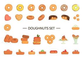 ilustração em vetor de donuts coloridos. conjunto de rosquinhas brilhantes. alegre coleção de doces produtos de padaria. desenho de bolos com cobertura e granulado isolado no fundo branco