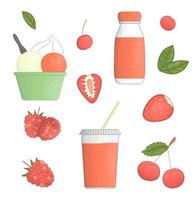 ilustração vetorial de iogurte e frutas. conjunto de iogurte bebível e congelado com frutas. produtos lácteos orgânicos frescos com cereja, morango, framboesa. vetor