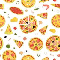 padrão sem emenda de vetor de pizza colorida. repetir o fundo com pedaços de pizza brilhantes isolados, queijo, tomate, pimenta, manjericão, cogumelo, salsicha, salame, bacon, azeitona, camarão, mussarela, camarão