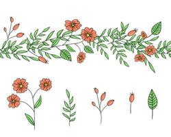 conjunto de vetores de elementos de design de plantas de jardim e pincel de padrão. mão desenhada ilustração do estilo dos desenhos animados. modelos fofos de verão ou primavera para casamento, férias ou design de cartão