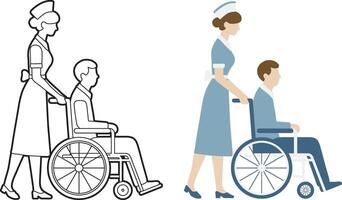 enfermeira e Senior paciente dentro cadeira de rodas. vetor