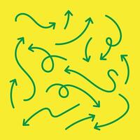 mão desenhado seta ícone definir. seta Projeto esboço em amarelo fundo. vetor