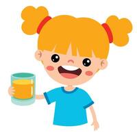 desenho animado criança bebendo laranja suco vetor