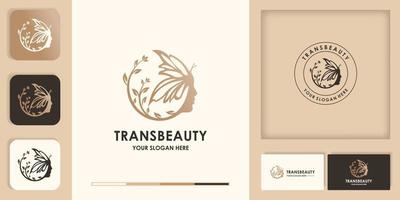 rosto de mulheres de beleza combina design de logotipo de borboleta, logotipo de transformação vetor