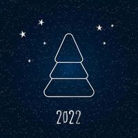 silhueta de prata de uma árvore de Natal com neve e estrelas em um fundo azul escuro. Feliz Natal e Feliz Ano Novo 2022. ilustração em vetor. vetor