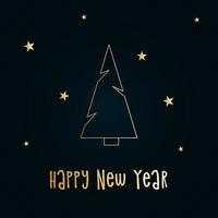 silhueta dourada de uma árvore de Natal com neve e estrelas em um fundo azul escuro. Feliz Natal e Feliz Ano Novo 2022. ilustração em vetor. vetor