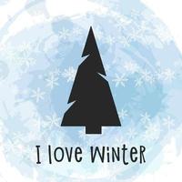 silhueta negra de uma árvore de Natal em fundo aquarela com flocos de neve. Feliz Natal e Feliz Ano Novo 2022. ilustração em vetor. Eu amo o inverno. vetor