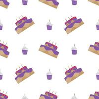 design de bolo de aniversário de padrão sem emenda. fundo branco. design de alimentos para papel de parede, pano de fundo, capa, venda, loja e design gráfico. ilustração vetorial vetor