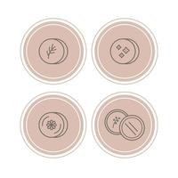 conjunto de ícones de xampus orgânicos sólidos e condicionadores auditivos. cosméticos para cuidados com os cabelos em um frasco de alumínio com tampa. ícones de linha plana em círculos rosa vetor