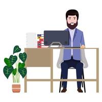 Belo empresário freelancer personagem situado na mesa com uma cadeira de escritório moderna e com uma pasta de arquivo de pilha de papel de computador pc com plantas de casa isoladas vetor