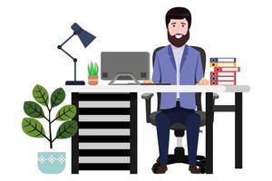 Lindo lindo empresário freelancer personagem situado na mesa com cadeira de escritório moderna e abajur de mesa com pasta de arquivo do laptop pc com plantas de casa isoladas vetor