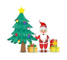 fofinho lindo papai noel vestindo roupa de natal e acenando colorido e segurando caixas de presente e com a árvore de natal isolada vetor