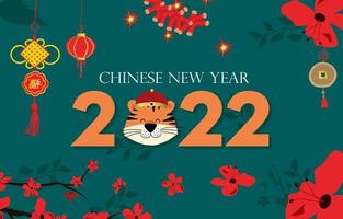 cartão vermelho ouro de ano novo chinês com tigre, flor, ilustração em vetor lunar. editável para site, convite, cartão postal e adesivo