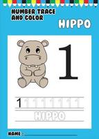 traço e número da cor. rastrear o hipopótamo fofo. vetor