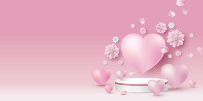 pódio de produto branco em branco e corações com flores em fundo rosa para ilustração em vetor 3d do dia dos namorados