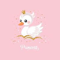 pequeno cisne Princesa com uma dourado coroa em uma Rosa fundo. fofa ilustração para moda imprimir, cumprimento cartões, berçário quarto decoração. vetor