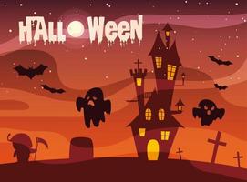 pôster de halloween com castelo e fantasmas vetor