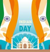 pôster do dia da independência indiana com a bandeira e a mesquita taj majal vetor