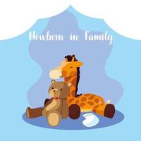 recém-nascido em um cartão de família com um fofo urso de pelúcia e uma girafa recheada vetor