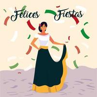 etiqueta felices fiestas com mulher e traje típico mexicano vetor