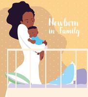 recém-nascido em cartão de família com mãe afro e bebê dormindo no berço vetor