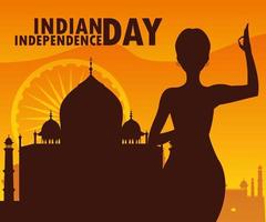 dia da independência indiana com silhueta de mulher e mesquita vetor