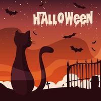 pôster de halloween com gato e morcegos voando vetor